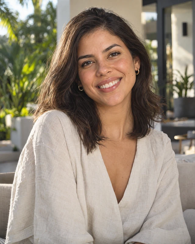 Smiling young woman outdoors in a sunlit courtyard